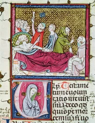 Ms 3076 fol.56r Hombre Moribundo Rodeado de Doctores y Familia, Dictando su Testamento, de 